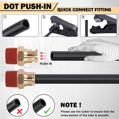 Diagram showing how to use the 60 Pcs Brass DOT Air Line Fittings Kit Pro Grade Push Lock And Push To Connect Fittings for air hose connection.