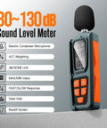 Handy Decibel Meter For Home, Office And Factory, Digital Sound Level Meter With AC Weighting, Reads 30 To 130 dB, Fast And Slow Response, Max And Min Readouts, LCD Screen, Neighbors Noise Checker, Vitality Orange, side view