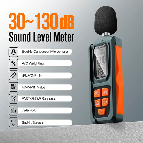 Handy Decibel Meter For Home, Office And Factory, Digital Sound Level Meter With AC Weighting, Reads 30 To 130 dB, Fast And Slow Response, Max And Min Readouts, LCD Screen, Neighbors Noise Checker, Vitality Orange, side view