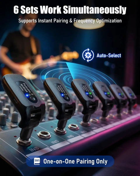 6 sets of 5.8GHz Wireless Guitar System plugs in audio mixer showcasing anti-interference and auto-select for electric guitars