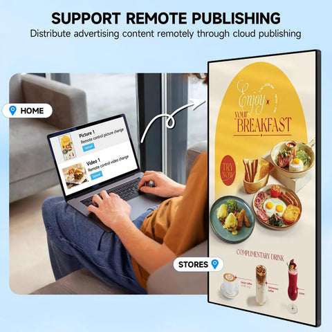 User operating laptop to manage Ready To Roll 55 Inch 4K Digital Menu Board Wall Mount Commercial Signage Display.