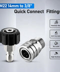 Front view of stainless steel pressure washer quick-connect adapters, M22 14mm to 3/8 in, 4-pack.