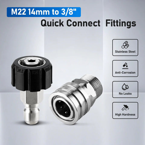 Front view of stainless steel pressure washer quick-connect adapters, M22 14mm to 3/8 in, 4-pack.