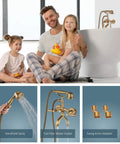 Antique Brass Wall Mount Bathtub Faucet With Tub Spout Filler Kit Double Lever Handles Telephone Hand Shower Sprayer Diverter Vintage Brass Mixer Tap All Metal Construction 1.25 GPM with family and bathtub.