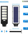 Solar Street Lights Outdoor With Motion Sensor 900 LED 6000K White, dimensions and specifications shown with accessories.