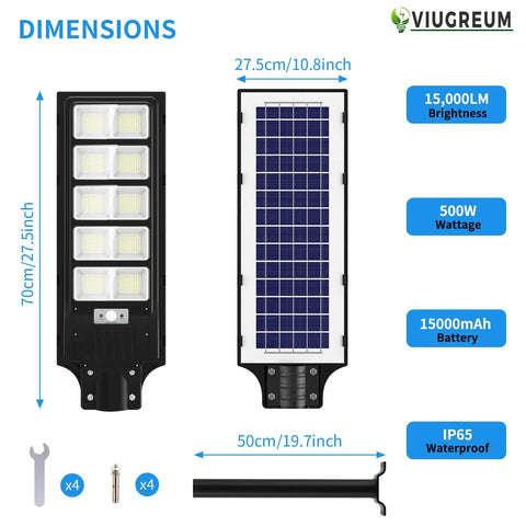 Solar Street Lights Outdoor With Motion Sensor 900 LED 6000K White, dimensions and specifications shown with accessories.