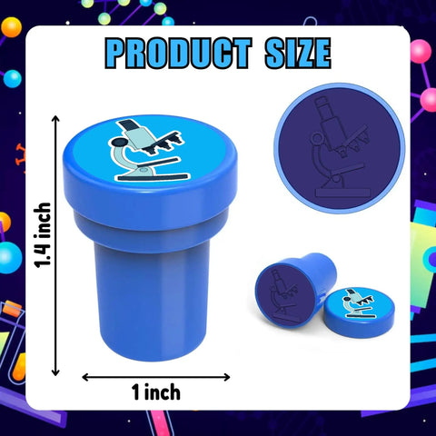 Science Themed Party Favors Set With 24 Temporary Tattoos And 12 Stamps, blue microscope stamp, 1.4 inches tall, 1 inch wide