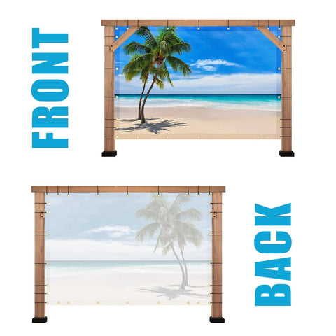 Front and back view of Custom Design Patio and Gazebo Backdrop Screen With UV Resistant PVC Sun Shade And Dope HD Color Printed Shade Cloth Cover For Backyard Balcony Outdoor Garden