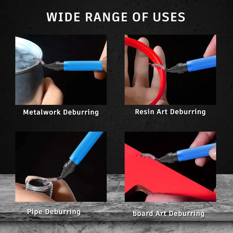 Deburring tool with blue handle and replaceable blade; shown for metalwork, resin art, pipe, and board deburring.