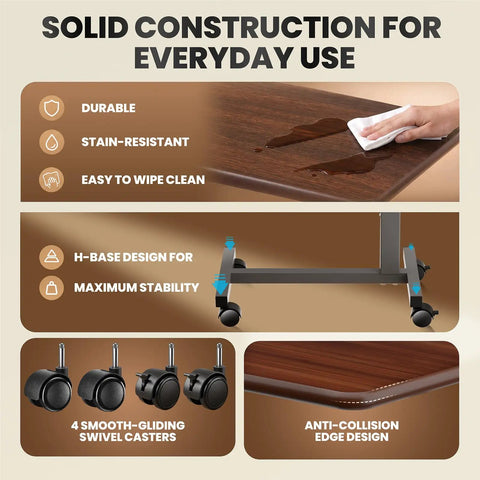Heavy Duty Pneumatic Overbed Bedside Table With No Sweat Height Adjustment For Home Recovery Or Healthcare Use Non Tilt Surface Durable Walnut Cart showing solid construction features.