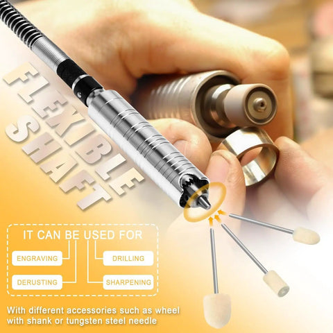 Close-up of Jewelry Polisher And Bench Grinder Kit With Adjustable Speed, flexible shaft use for engraving, drilling, and sharpening.