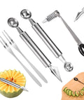 Spiral Veggie Cutter Set with Stainless Steel Spiralizer, V-Shaped Carving Tool, Fruit Baller and Two Forks for creative food art