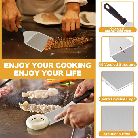 Five Piece Griddle Tools Set For Cast Iron And Flat Top Griddles, Heavy Duty Stainless Steel Spatulas in use on a grill
