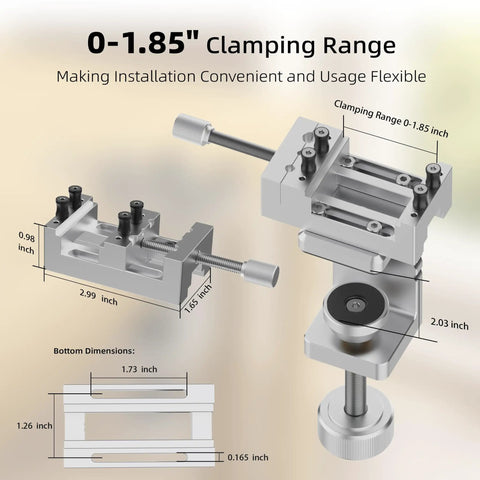 Built Tough Mini Drill Press Vise And C Clamp Desktop Mount with 0-1.85 inch clamping range and aluminum design.