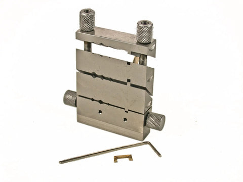Slick Jewelry Miter Vise For Exact Tube And Wire Cutting At Forty Five To One Thirty Five Degrees, showing precision metalwork tool with adjustment knobs.