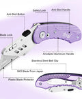 Vickay folding utility knife with purple anodized aluminum handle, belt clip, and replaceable SK5 blades.