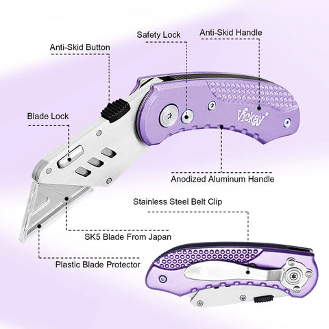 Vickay folding utility knife with purple anodized aluminum handle, belt clip, and replaceable SK5 blades.