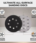 Grab 200 Count Of These Killer 5 Inch Sanding Discs With 8 Holes For Your Orbital Sander, showing black and white discs with 8 holes.