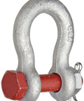 Heavy Duty Bolt Type Anchor Shackle Built Tough From Galvanized Carbon Steel For Rigging And Tie Downs Six And A Half Ton Working Load Limit Seven Eighths Inch Size Model G 2130 Corrosion Resistant Hardware, showing the shackle front view with red bolt and metallic body