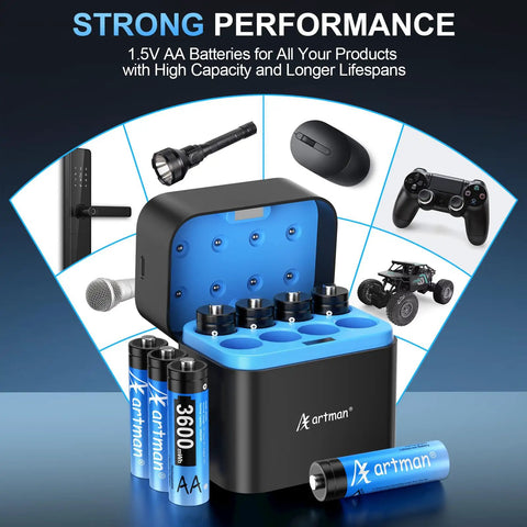 Rechargeable Lithium AA Batteries With Charger 8 Pack High Capacity 3600mWh Double A Batteries For Blink Outdoor Camera And Other Smart Home Devices 1.5V Constant Output Up To 2000 Cycles shown with devices