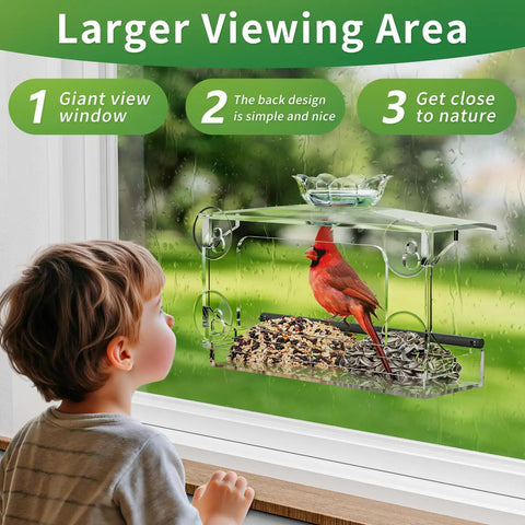 Child watching bird on Clear Window Bird Feeder With Strong Suction Cups And Removable Seed Tray Acrylic Transparent Bird House