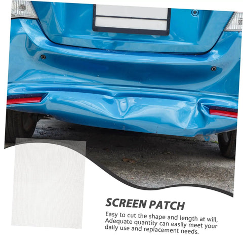 Image showing a blue car with a damaged bumper and an inset close-up of Two Piece Car Bumper Repair Mesh for Welding and Quick Crack Fixes.