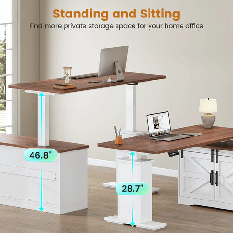 L Shaped Standing Desk With Storage Drawers And Power Outlets, 55 Inch Height Adjustable Corner Desk For Home Office, White Farmhouse Style Computer Desk With Plenty Of Storage And Ergonomic Workspace For A Solid Desk Setup, shown with adjustable height between 28.7 and 46.8 inches