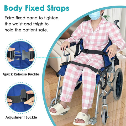 Front view of blue patient lift transfer belt with four handles and quick-release buckle worn by a wheelchair user.