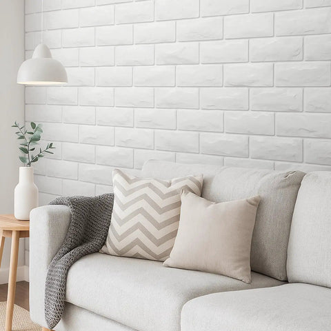 Peel And Stick 3D Brick Wall Panels White Faux Paneling Waterproof Self Adhesive Wallpaper For Bedroom Bathroom Kitchen And Fireplace Realistic Texture No Sweat Easy Install With 10.65 Sq Feet Coverage in stylish living room