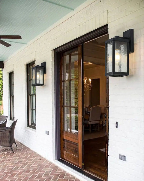 Outdoor Wall Sconce Lantern, Vintage Waterproof Wall Mount Light Fixture on porch, matte black aluminum with water ripple glass.