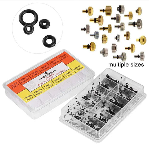 Premium Silicone Watch Crown O Ring Seals Kit For Repairing Watches, 12 sizes in storage case, multiple gasket tools visible