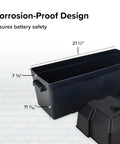 Corrosion proof heavy duty double battery box built for RV and motorhome rigs, measuring 21.5 x 7.38 x 11.19 inches.