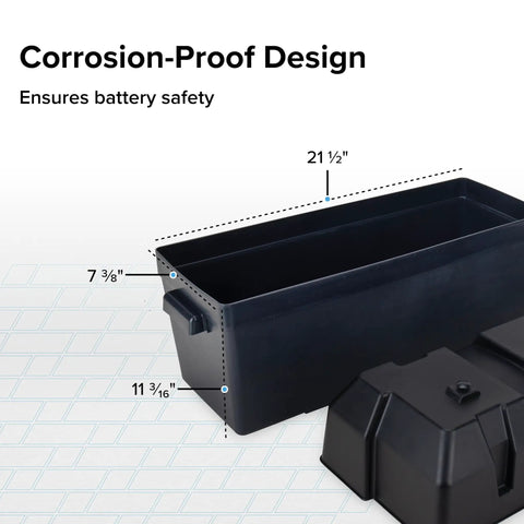 Corrosion proof heavy duty double battery box built for RV and motorhome rigs, measuring 21.5 x 7.38 x 11.19 inches.
