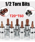 Heavy Duty 1/2 Inch Torx Bit Socket Set With Massive Grip Power For Tough Jobs And Rusty Bolts That Stick Tight, Perfect Sturdy Tools To Save Your Time And Effort On Any Drilling Or Impact Project You Handle Today. 1/2-inch chromium-vanadium steel Torx bit sockets T20-T60