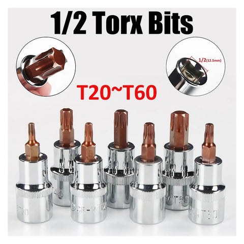 Heavy Duty 1/2 Inch Torx Bit Socket Set With Massive Grip Power For Tough Jobs And Rusty Bolts That Stick Tight, Perfect Sturdy Tools To Save Your Time And Effort On Any Drilling Or Impact Project You Handle Today. 1/2-inch chromium-vanadium steel Torx bit sockets T20-T60