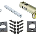 New York Plate Privacy Oval Clear Crystal Glass Door Knob Set In Timeless Bronze hardware components and screws for installation.
