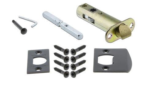 New York Plate Privacy Oval Clear Crystal Glass Door Knob Set In Timeless Bronze hardware components and screws for installation.