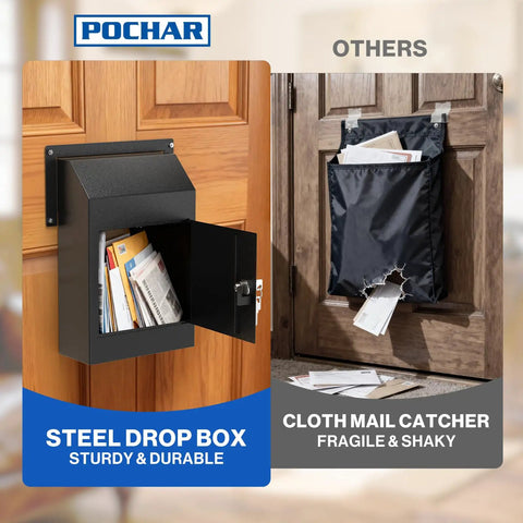 Through The Door Locking Mail Drop Box For Mail And Keys Heavy Duty Steel Lockbox Mounted on Wooden Door