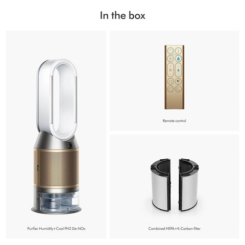All In One Air Purifier Humidifier And Cooler For Home With De NoX Filtration And HEPA H13 99.97 Percent Capture, showing device, remote, filter.