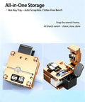 Fiber Optic Cleaver For FTTH With 16 Face Tungsten Blade Delivers 48,000 Cuts And Sub 0.5 Degree Precision shown with auto scrap box