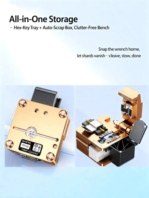 Fiber Optic Cleaver For FTTH With 16 Face Tungsten Blade Delivers 48,000 Cuts And Sub 0.5 Degree Precision shown with auto scrap box