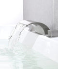Roman Tub Faucet Brushed Nickel 2 Handle Widespread Bath Waterfall Deck Mount Tub Filler With Valve pouring water into bathtub
