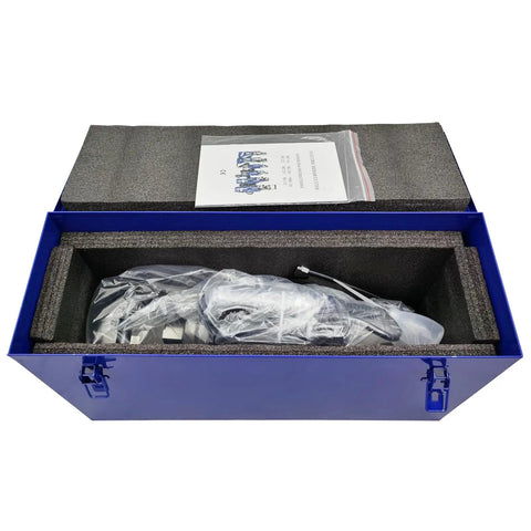 RC-32 Badass Portable Hydraulic Rebar Ripper 110V 3000W Electric Steel Bar Saw in blue storage box with user manual.