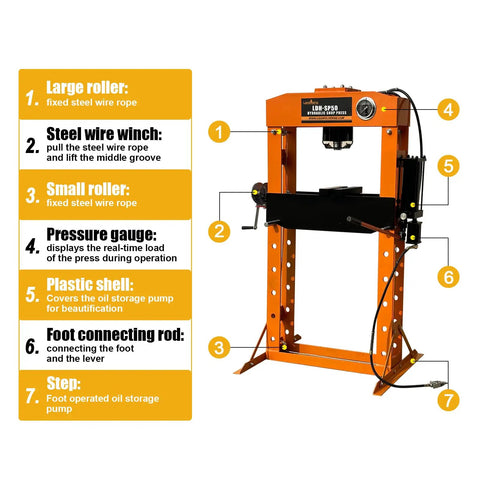 Pro Grade 50 Ton Hydraulic Shop Press With Floor Plates For Garage Pros Heavy Duty H Frame Smooth Dual Action Hydraulic Cylinder