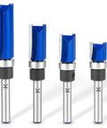 Four Piece Set Of Tough As Nails Tungsten Carbide Flush Trim Router Bits With 1/4 Inch Guided Shank For Slick Woodworking Cuts Perfect For Millwork Shop in different sizes.