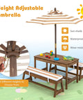 Kid Approved Outdoor Picnic Table Set With Cushioned Benches, Adjustable Height Table, Built In Umbrella, Coffee Finish setup