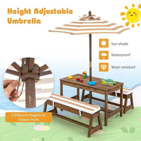 Kid Approved Outdoor Picnic Table Set With Cushioned Benches, Adjustable Height Table, Built In Umbrella, Coffee Finish setup