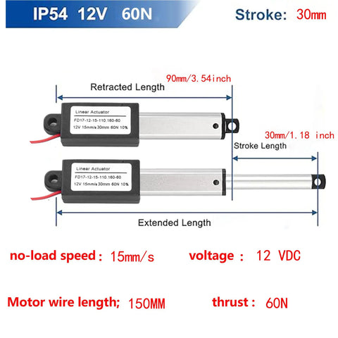 Diagram of Mini 12V Linear Actuator With 1.2 Inch Stroke, 60N Load, 15mm Per Second Speed, Waterproof IP54, Remote Lever Switch, mounting bracket