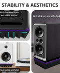 Studio Monitor Isolation Pads 2 Pack For 3 To 4.5 Inch Speakers 9 By 6.3 By 2 Inches Subwoofer Wedge With Purple Felt And 1.6 Inch Foam Riser Vibration Dampers For Desktop Home Theater displaying stability and aesthetics on speakers