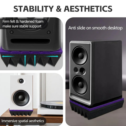 Studio Monitor Isolation Pads 2 Pack For 3 To 4.5 Inch Speakers 9 By 6.3 By 2 Inches Subwoofer Wedge With Purple Felt And 1.6 Inch Foam Riser Vibration Dampers For Desktop Home Theater displaying stability and aesthetics on speakers